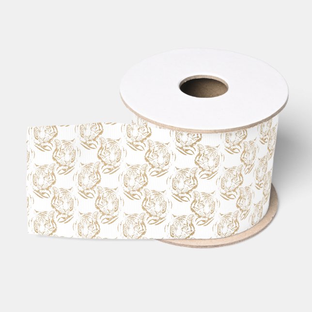 Elegant Gold Glitter Tiger Print White Design Grosgrain Ribbon (Spool)