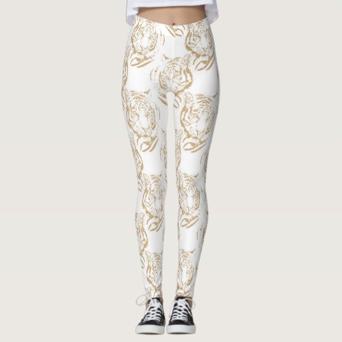 Elegant Gold Glitter Tiger Print White Design Leggings