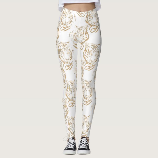 Elegant Gold Glitter Tiger Print White Design Leggings (Front)