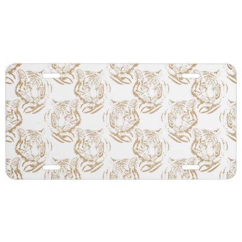Elegant Gold Glitter Tiger Print White Design License Plate