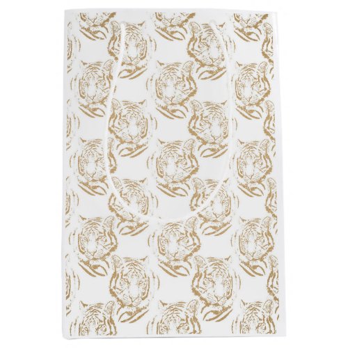 Elegant Gold Glitter Tiger Print White Design Medium Gift Bag
