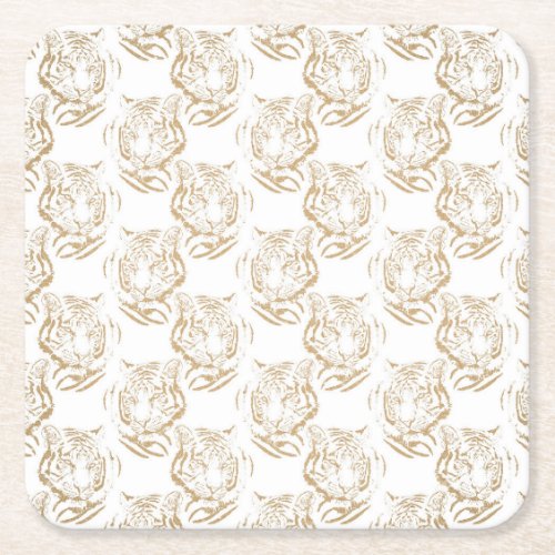 Elegant Gold Glitter Tiger Print White Design Square Paper Coaster