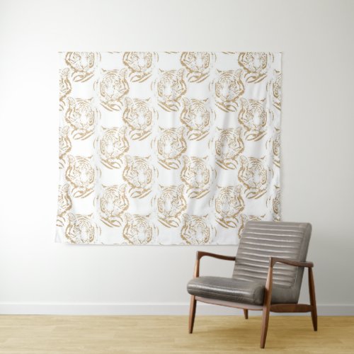 Elegant Gold Glitter Tiger Print White Design Tapestry