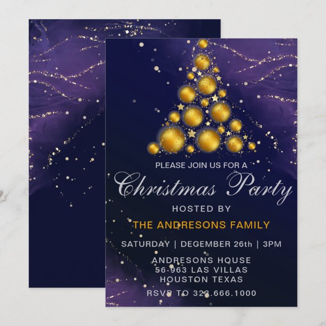 Elegant Gold Glitter Tree blue Christmas Party  Invitation (Front/Back)