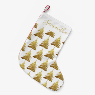 Elegant Gold Glitter Trees Name Small Christmas Stocking