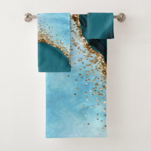 Elegant Gold Glitter Turquoise Marble Bath Towel Set