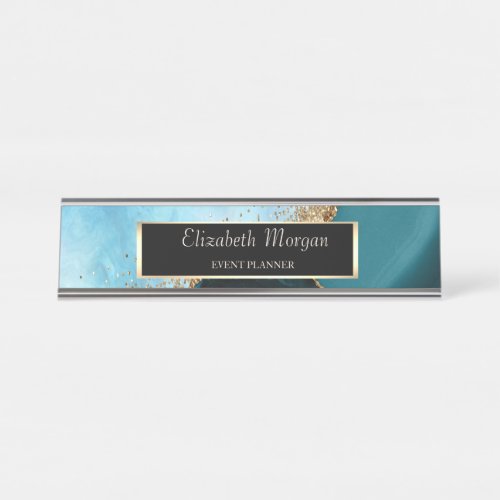 Elegant Gold Glitter Turquoise Marble Frame Desk Name Plate