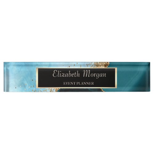 Elegant Gold Glitter Turquoise Marble Frame Desk Name Plate