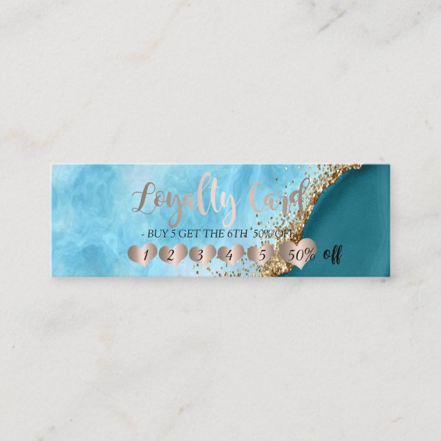 Elegant Gold Glitter Turquoise Marble Hearts  Loyalty Card (Front)