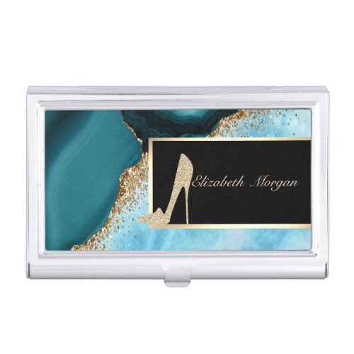 Elegant Gold Glitter Turquoise Marble High Heels  Business Card Case