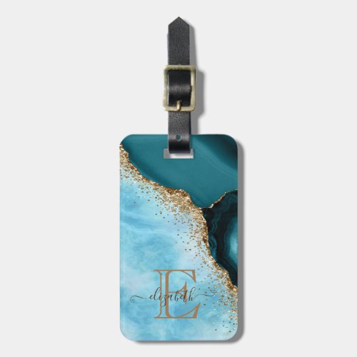 Elegant Gold Glitter Turquoise Marble Luggage Tag