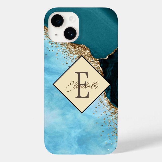 Elegant Gold Glitter Turquoise Marble  Monogram  Case-Mate iPhone Case (Back)