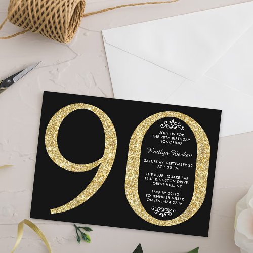 Elegant Gold Glitter Typography 90th Birthday Invitation