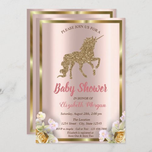 Elegant Gold Glitter Unicorn Floral Baby Shower In Invitation