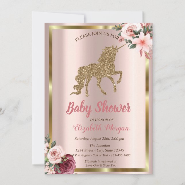 Elegant Gold Glitter Unicorn Flower Baby Shower In Invitation (Front)