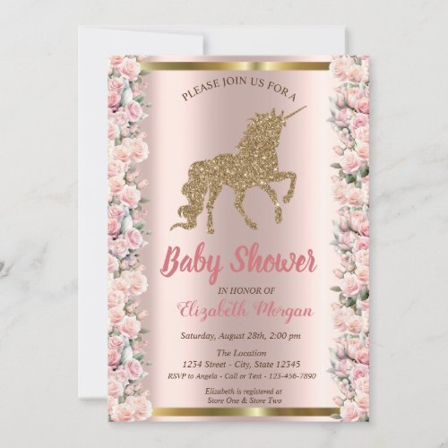 Elegant Gold Glitter Unicorn Roses Baby Shower  Invitation