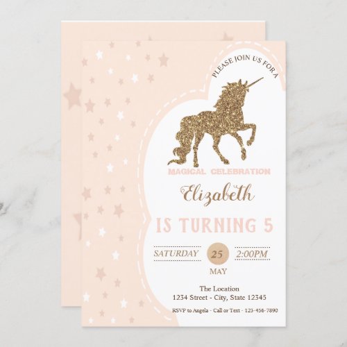 Elegant Gold Glitter Unicorn Stars Birthday Invitation