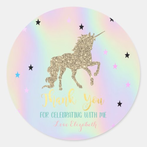 Elegant Gold Glitter Unicorn StarsHolographic Classic Round Sticker
