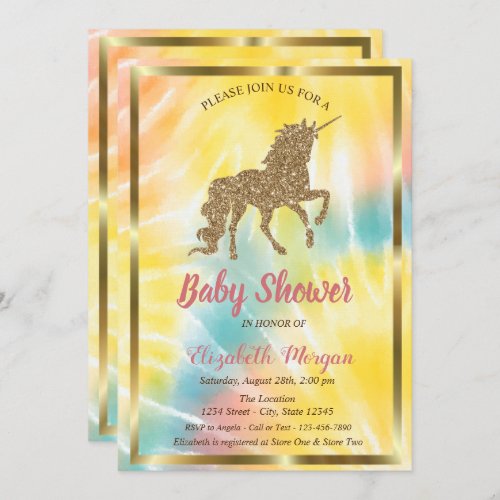 Elegant Gold Glitter Unicorn Tie Dye Baby Shower Invitation