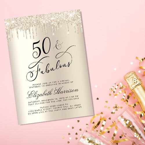 Elegant Gold Glitter Virtual 50th Birthday Party  Invitation