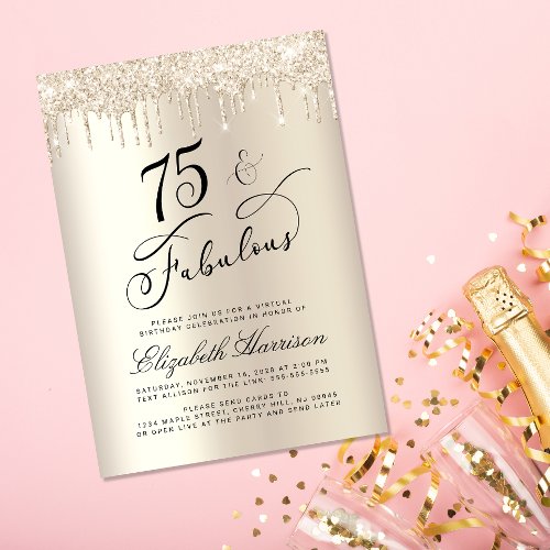 Elegant Gold Glitter Virtual 75th Birthday Party Invitation