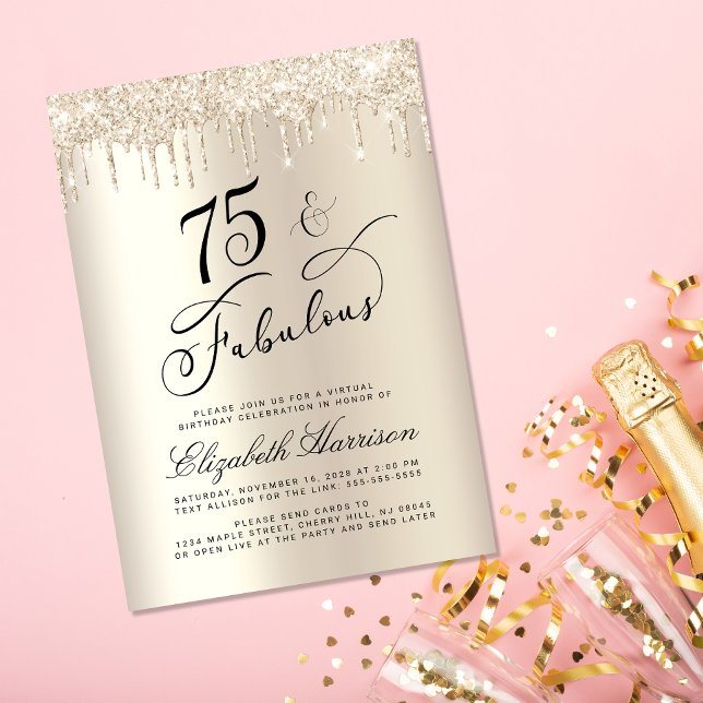 Elegant Gold Glitter Virtual 75th Birthday Party Invitation (Celebrate her 75 years of sparkle with an elegant gold glitter birthday party invitation  🎉 🎂 🥂)