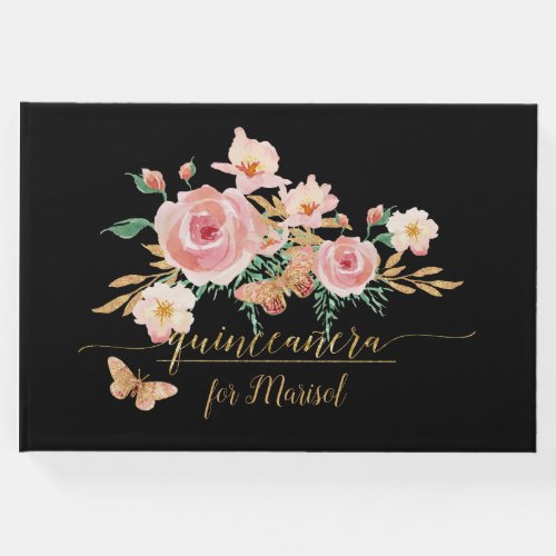Elegant Gold Glitter Watercolor Floral n Butterfly Guest Book