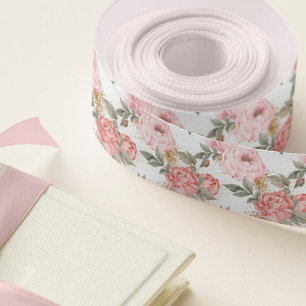 Elegant Gold Glitter Watercolor Pink Peony Florals Grosgrain Ribbon