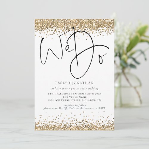 Elegant Gold Glitter We Do QR Wedding Invitation