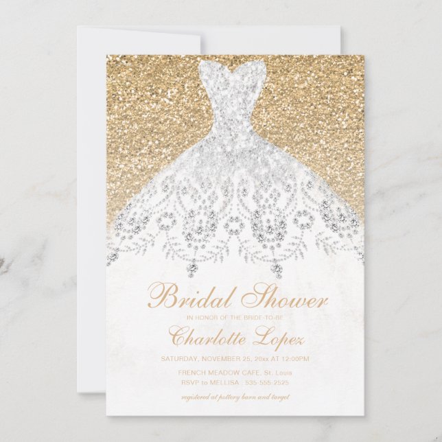 Elegant Gold Glitter Wedding Dress Bridal Shower Invitation (Front)