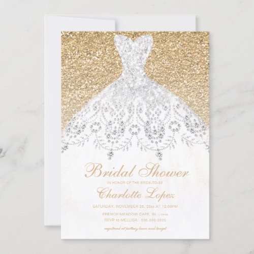 Elegant Gold Glitter Wedding Dress Bridal Shower Invitation