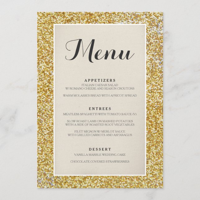 Elegant Gold Glitter Wedding Menu Card (Front)