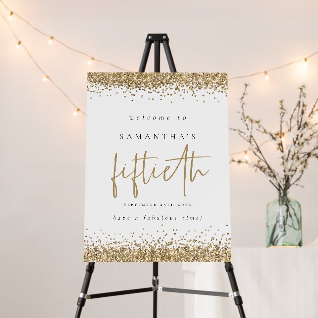 Elegant Gold Glitter Welcome Fiftieth Birthday Foam Board (In Situ (Stand))