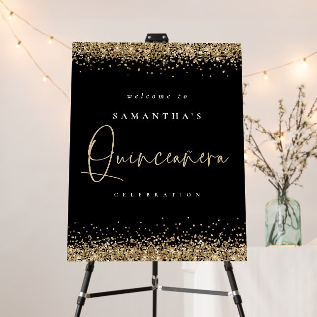 Elegant Gold Glitter Welcome to Quinceañera Black Foam Board (In Situ (Stand))