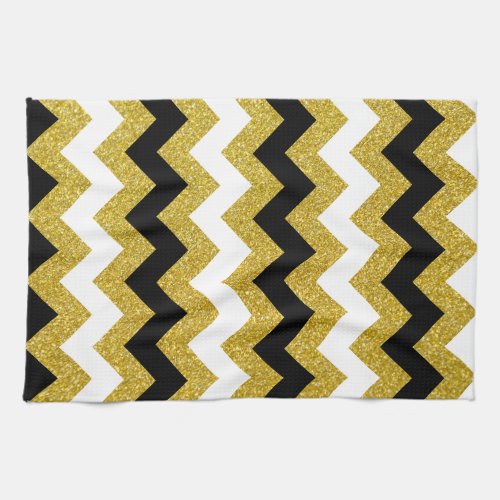 Elegant Gold Glitter White Black Chevron Kitchen Towel