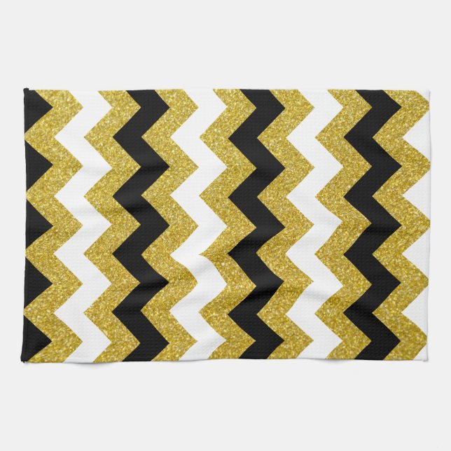 Elegant Gold Glitter White Black Chevron Kitchen Towel (Horizontal)