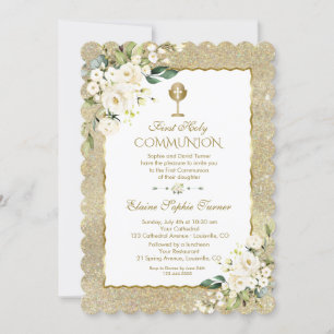 Elegant Gold Glitter White Floral First Communion Invitation