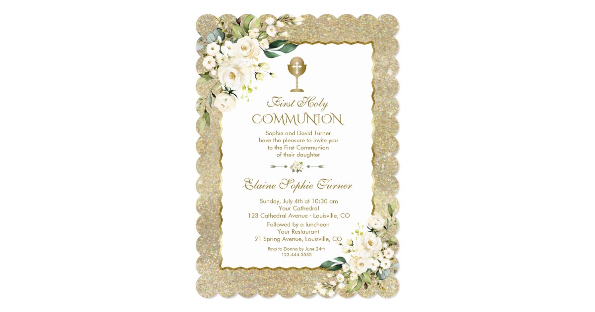 Elegant Gold Glitter White Floral First Communion Invitation | Zazzle.com