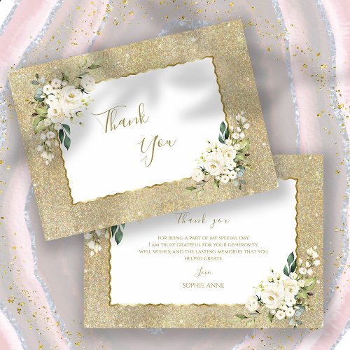 Elegant Gold Glitter White Flowers Woman Birthday Thank You Card