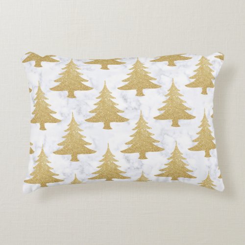 Elegant Gold Glitter  White Marble Christmas Tree Accent Pillow