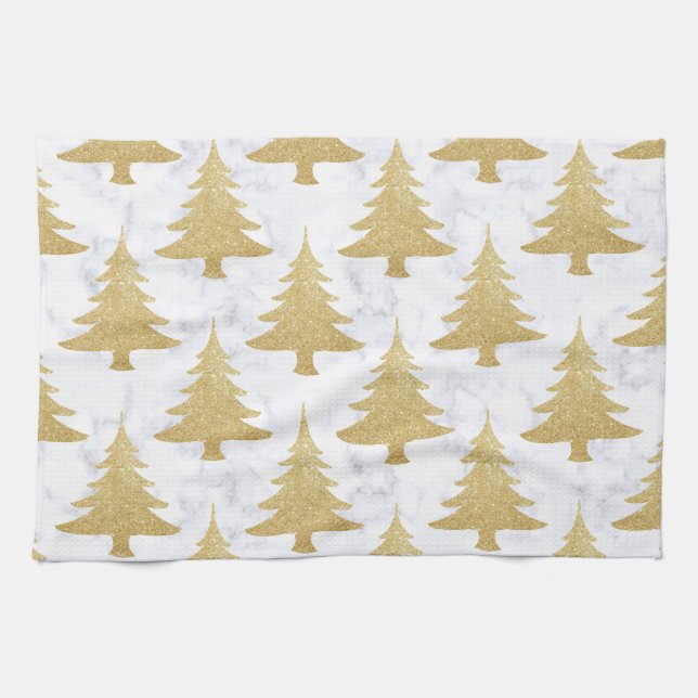 Elegant Gold Glitter & White Marble Christmas Tree Kitchen Towel (Horizontal)