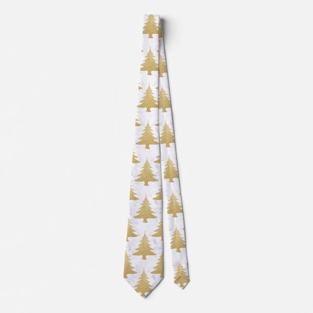 Elegant Gold Glitter & White Marble Christmas Tree Neck Tie (Front)
