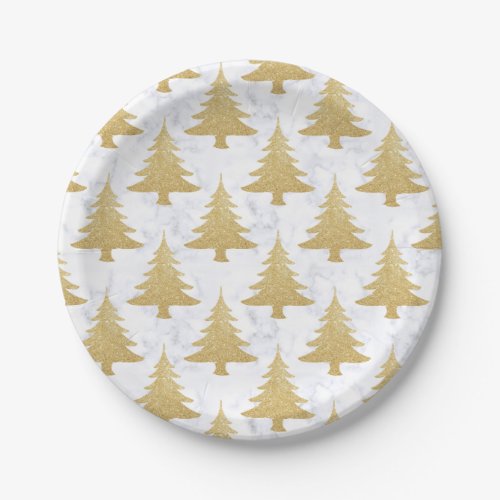 Elegant Gold Glitter  White Marble Christmas Tree Paper Plates