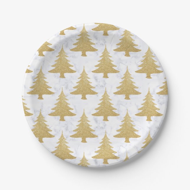 Elegant Gold Glitter & White Marble Christmas Tree Paper Plates (Front)