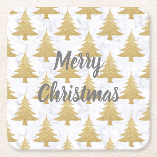 Elegant Gold Glitter  White Marble Christmas Tree Square Paper Coaster