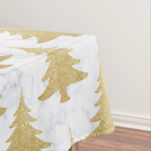 Elegant Gold Glitter & White Marble Christmas Tree Tablecloth
