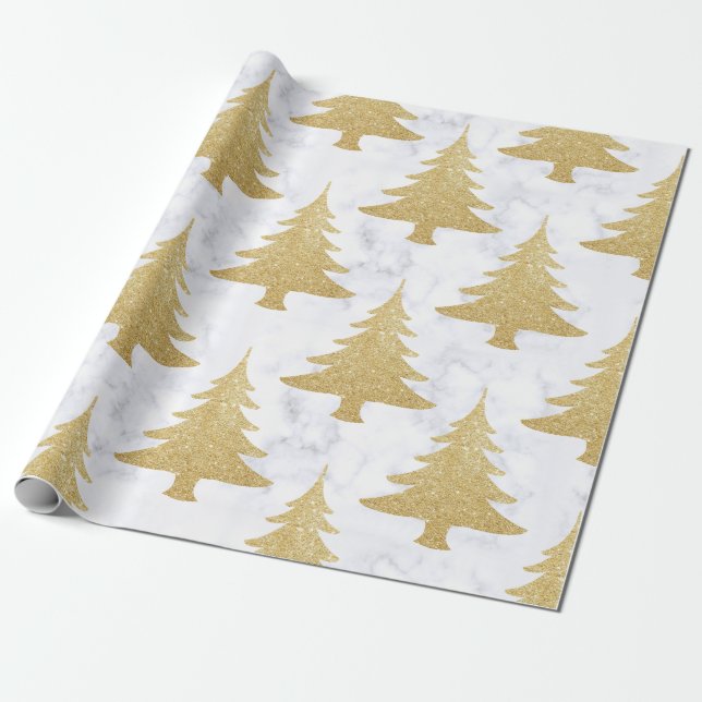 Elegant Gold Glitter & White Marble Christmas Tree Wrapping Paper (Unrolled)
