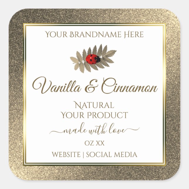 Elegant Gold Glitter White Product Labels Ladybug (Front)