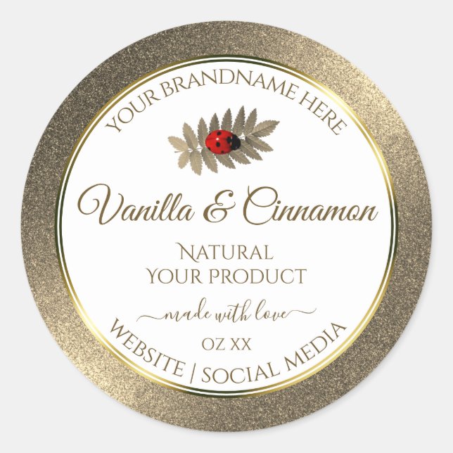 Elegant Gold Glitter White Product Labels Ladybug (Front)