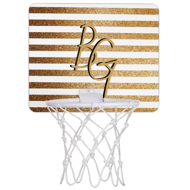 Elegant Gold Glitter White Stripe Monogrammed Mini Basketball Hoop (Front)